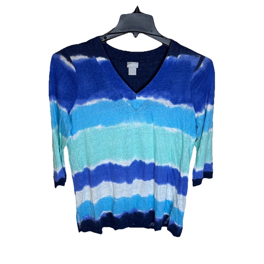 Chico's women's top blue 3/4 sleeved, V-neck top striped Size 1 Medium Linen